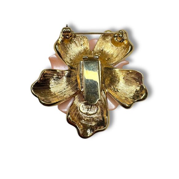 Nolan Miller Peach Gardenia Layered Enamel Lucite Flower Brooch Necklace Enhance - Picture 2 of 11